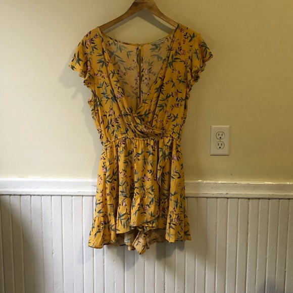 Floral Yellow Wrap Dress Romper - Picture 3 of 5